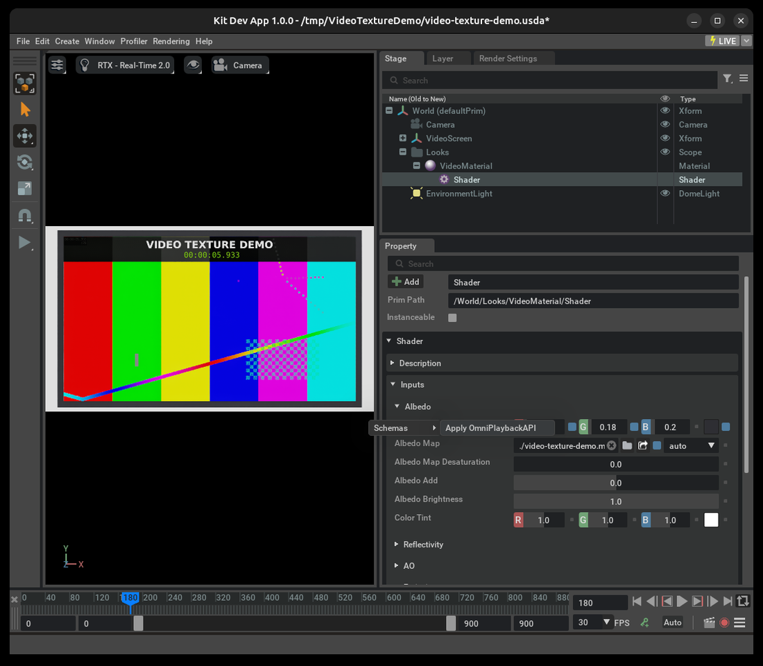 Albedo Map context menu with Schemas and Apply OmniPlaybackAPI selected