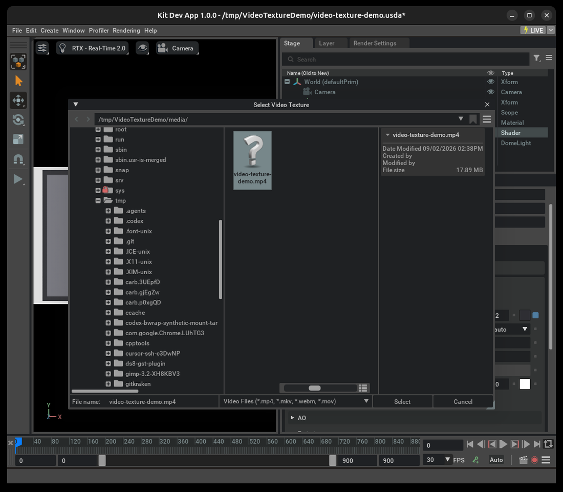 Kit file picker with an MP4 video selected for the material texture