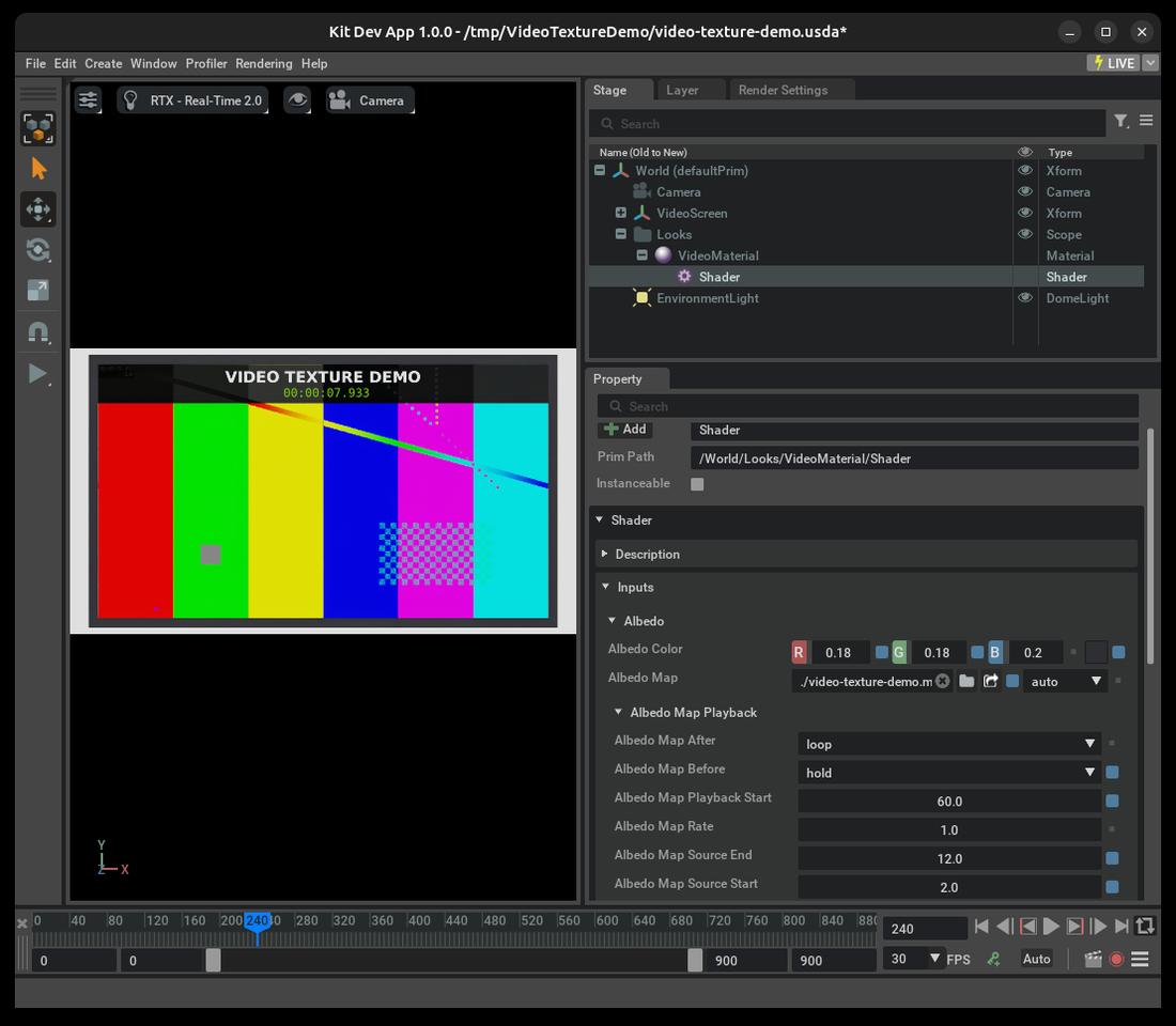 Kit window with Albedo Map Playback controls expanded and the Timeline current-time marker at timecode 240