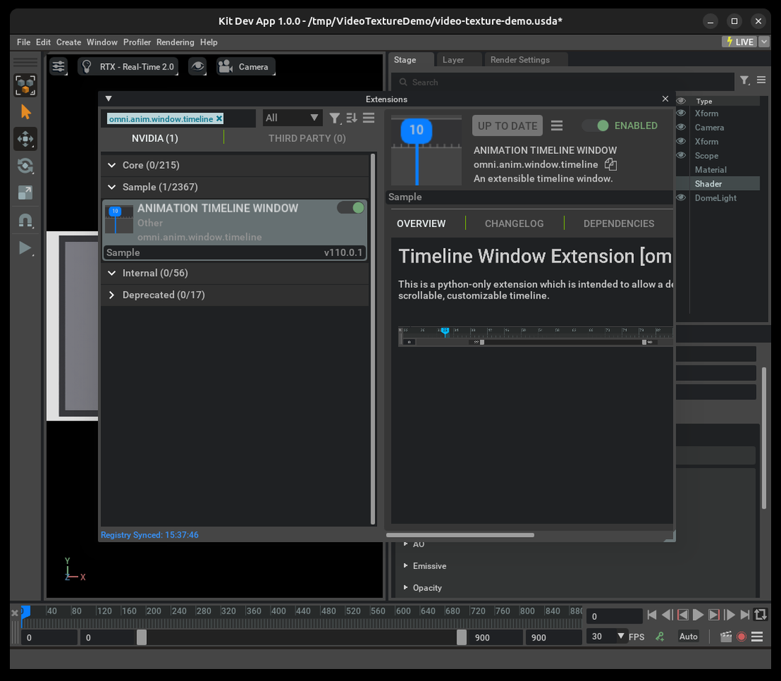 Extension Manager with the Animation Timeline extension selected and enabled
