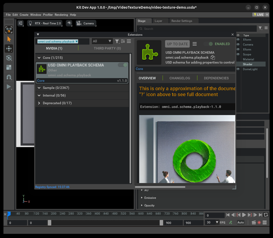 Extension Manager with the USD Omni Playback Schema extension selected and enabled