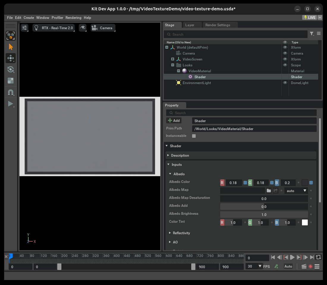 Kit window with a gray plane in the Viewport and the empty Albedo Map input visible for the selected OmniPBR Shader prim