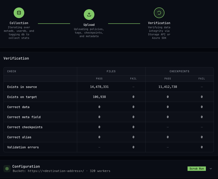 Dashboard during scrub showing the Verification table