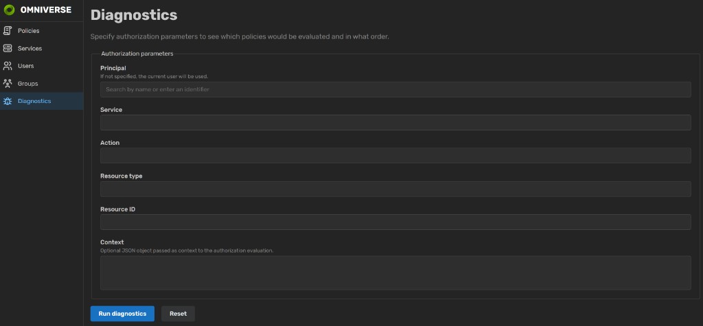 Diagnostics page with authorization parameters and a Run diagnostics button