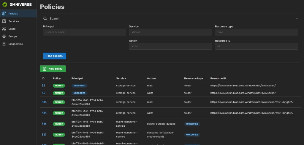 Policies page listing existing policies with a search form