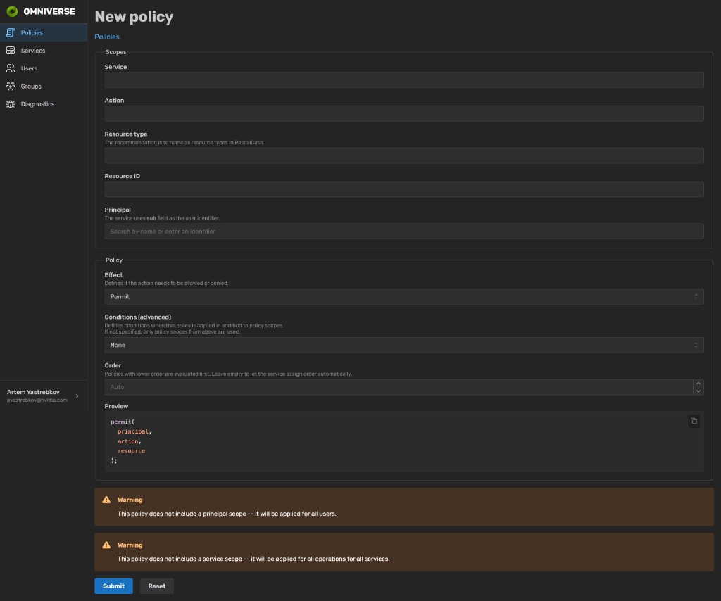 New policy form with scopes, effect, conditions, order and a live Cedar preview