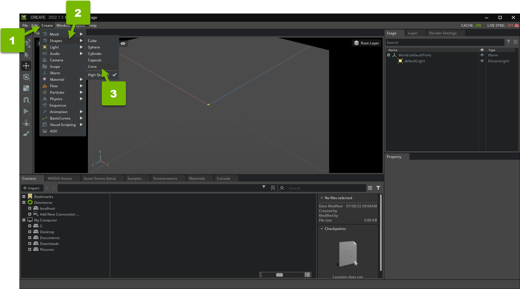 Numbered steps for creating a cone from the menu bar.