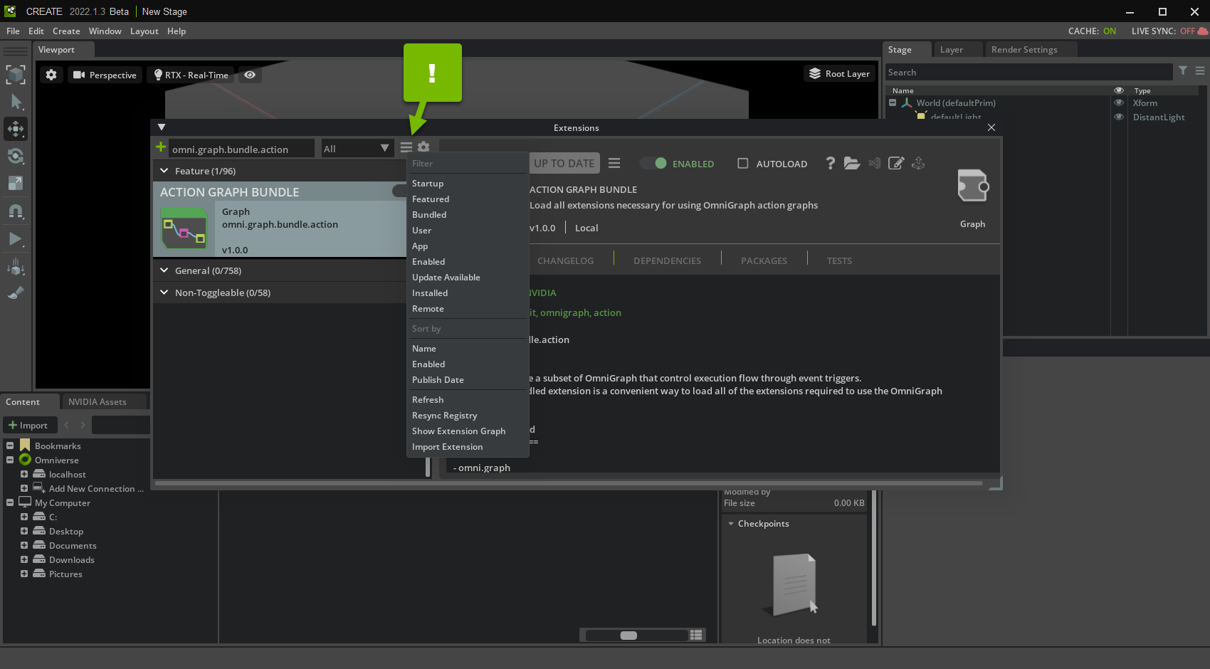 Numbered steps for enabling the |action_graph| Bundle.