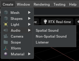 Create a spatial or non-spatial Sound Prim From the Create Menu.