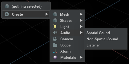 Create a spatial or non-spatial Sound Prim From the Viewport Right-Click Create Menu.