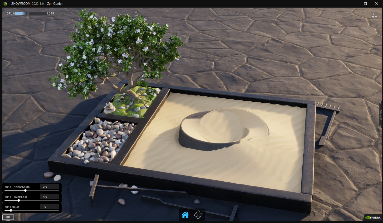 Demo animation with sand in a zen garden reacting to simulated wind