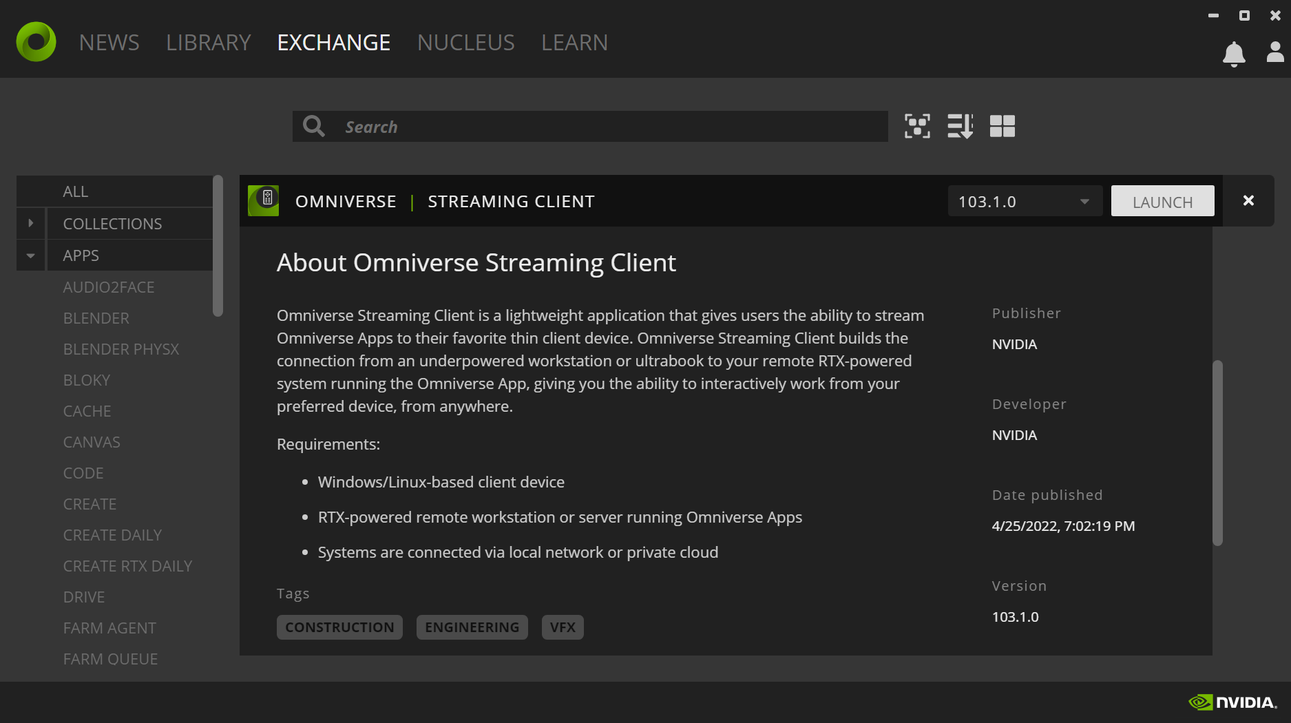 Omniverse Launcher: Streaming Client
