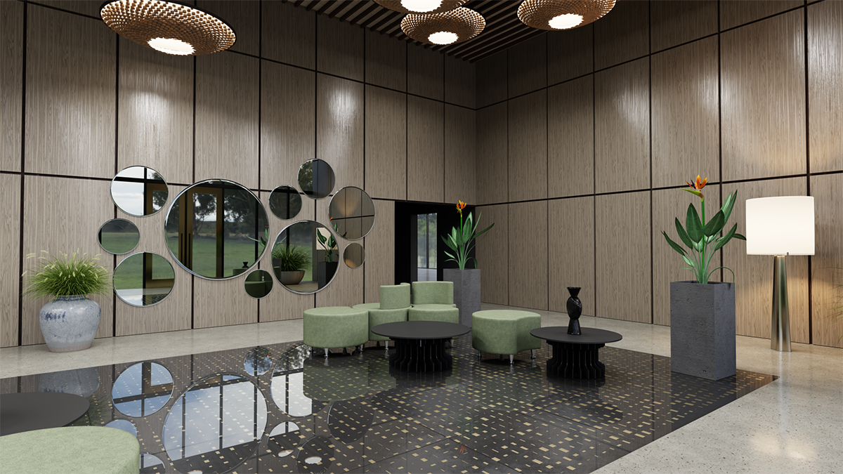 Rendered still of lobby project