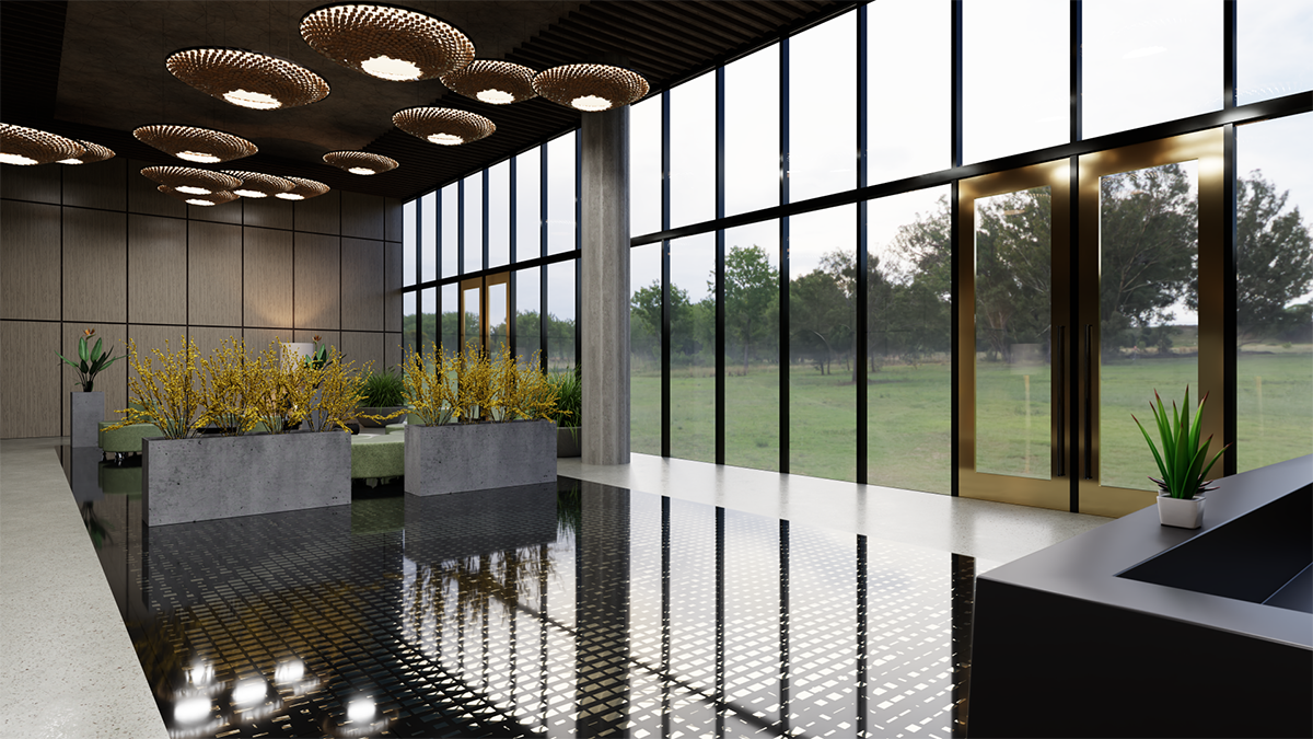 Rendered still of the residential lobby project