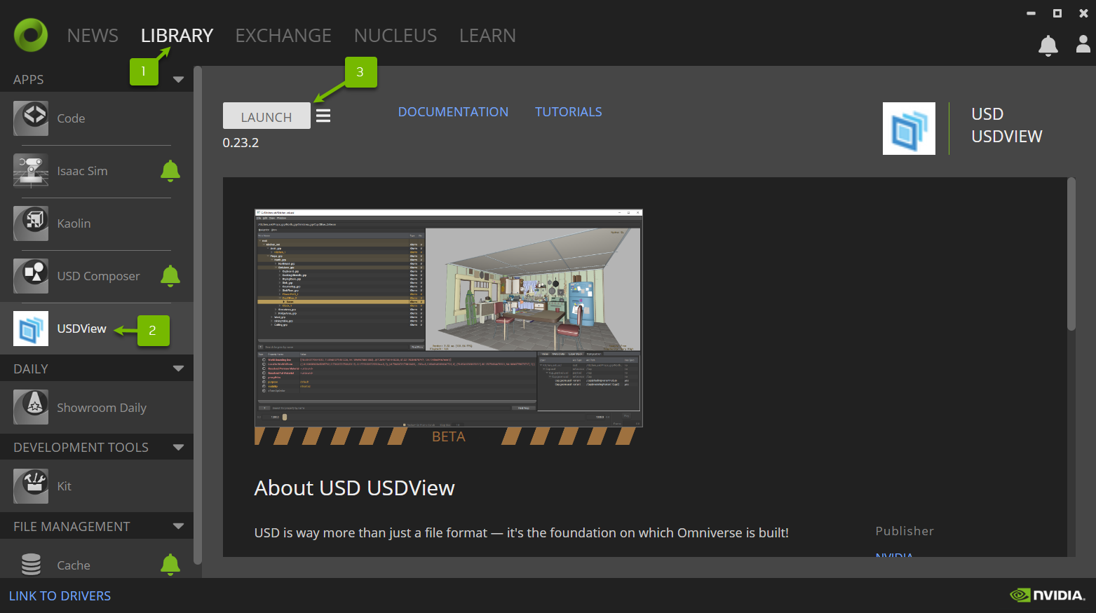 How to launch USDView from the Omniverse Launcher.