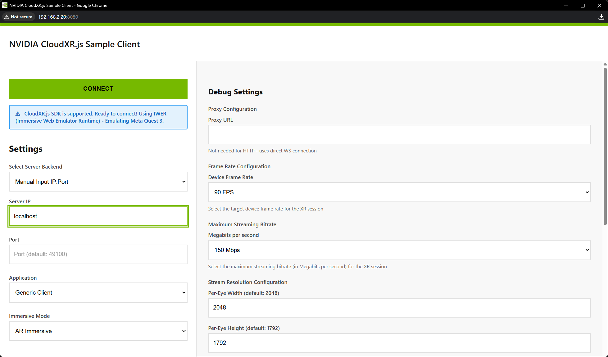 CloudXR.js client page loaded in Chrome
