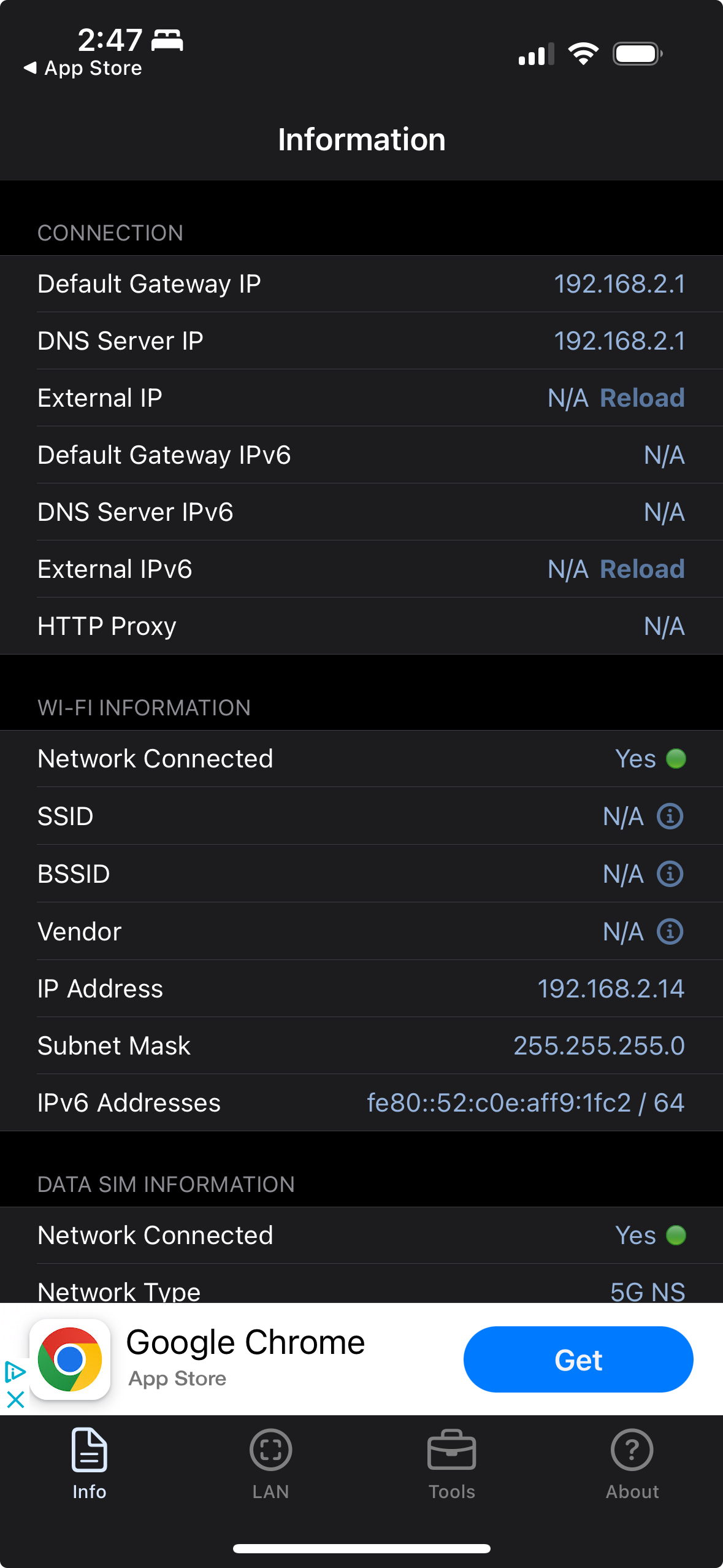 Network Analyzer information tab