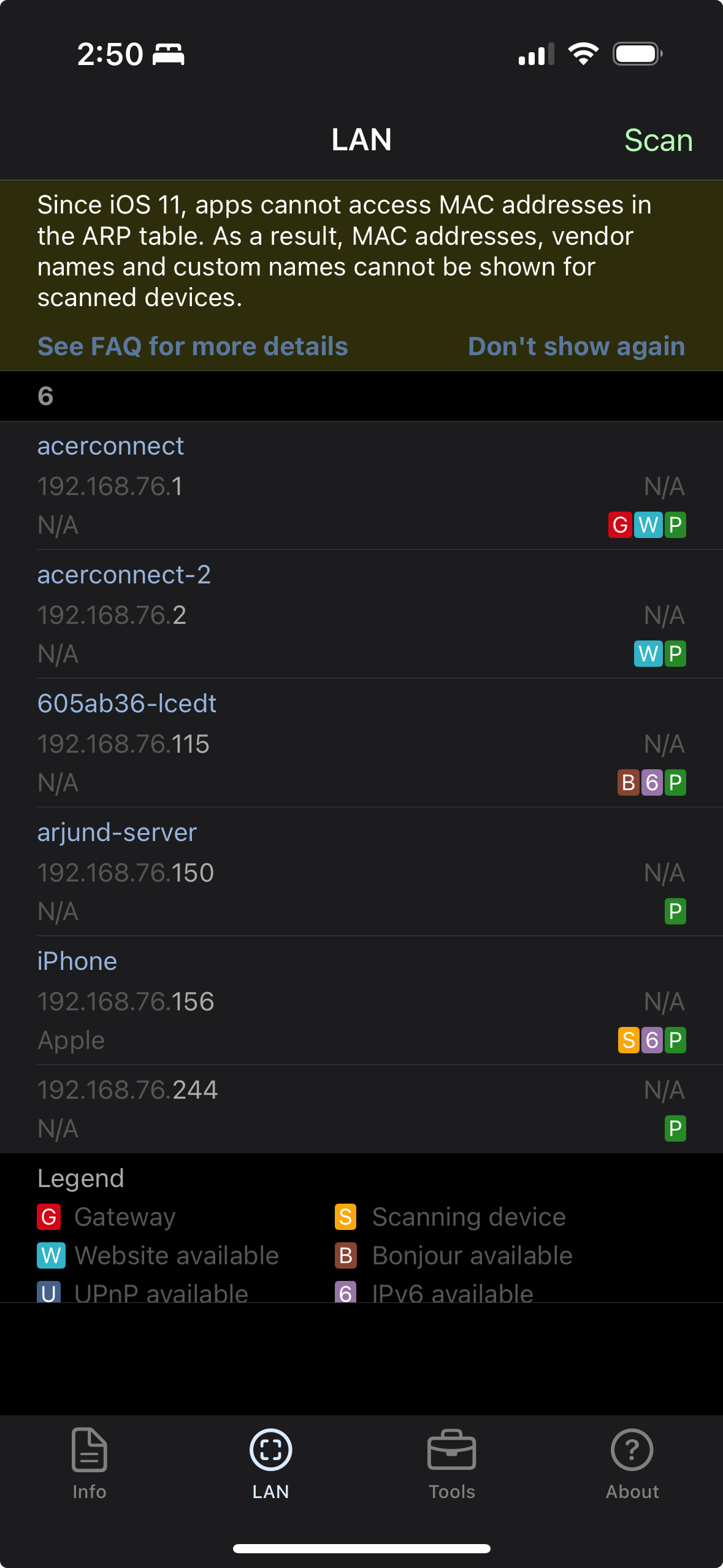 Network Analyzer LAN scan tab