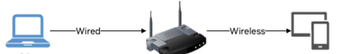 Network topology diagram showing server wired to router and client on WiFi